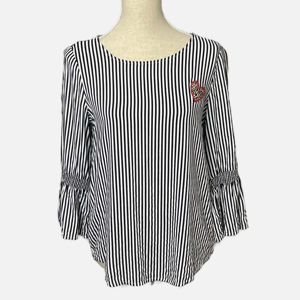Tom Tailor‎ Blouse Top Size 4 36 Small Stripes Black White Animal Print Heart